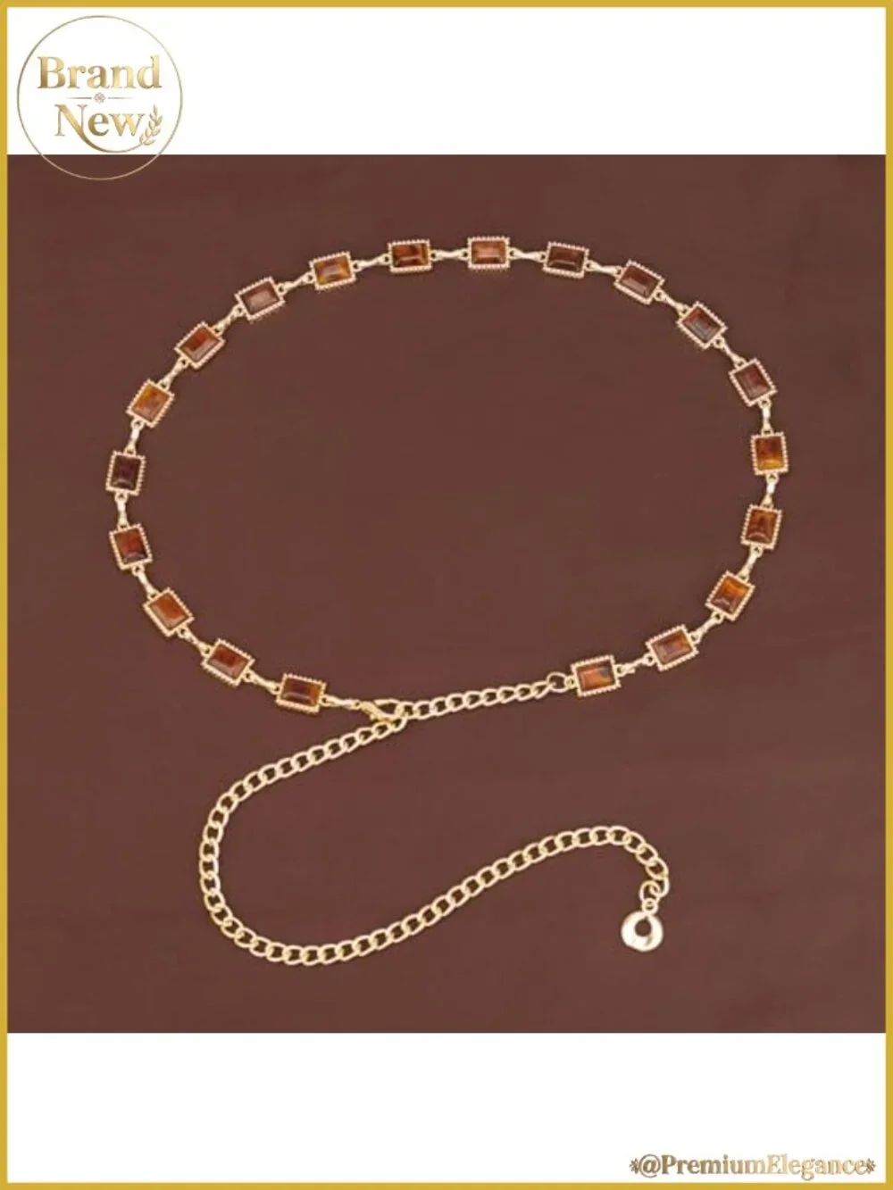 Western Concho Chain Belt Gold-Tone Alloy Amber Gemstone Inlay Adjustable